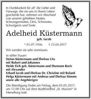 Traueranzeige von Adelheid Küstermann von Mitteldeutsche Zeitung Merseburg/Querfurt