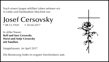 Traueranzeige von Josef Cersovsky von Mitteldeutsche Zeitung Sangerhausen