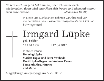 Traueranzeige von Irmgard Lüpke von Super Sonntag Quedlinburg