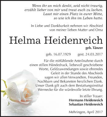 Traueranzeige von Helma Heidenreich von Mitteldeutsche Zeitung Aschersleben