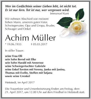 Traueranzeige von Achim Müller von Mitteldeutsche Zeitung Mansfelder Land