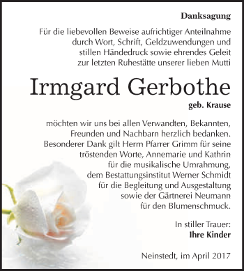 Traueranzeige von Irmgard Gerbothe von WVG - Wochenspiegel Quedlinburg