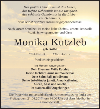Traueranzeige von Monika Kutzleb von Mitteldeutsche Zeitung Sangerhausen