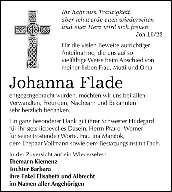 Traueranzeige von Johanna Flade von Super Sonntag Halle