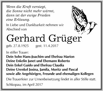 Traueranzeige von Gerhard Grüger von WVG - Wochenspiegel Merseburg