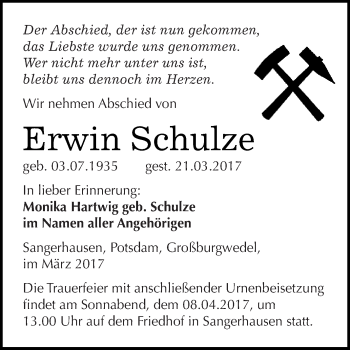Traueranzeige von Erwin Schulze von Super Sonntag SGH Mansf. Land