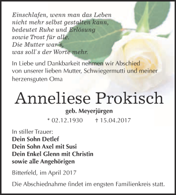 Traueranzeige von Anneliese Prokisch von WVG - Wochenspiegel Bitterfeld