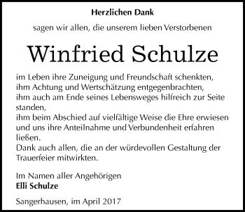 Traueranzeige von Winfried Schulze von Mitteldeutsche Zeitung Sangerhausen