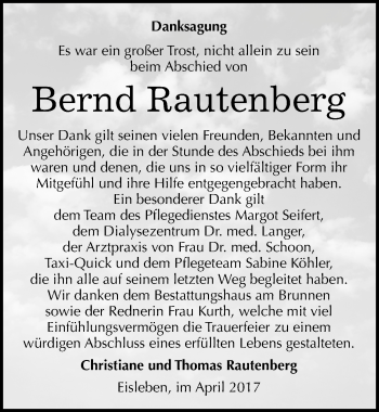 Traueranzeige von Bernd Rautenberg von Mitteldeutsche Zeitung Mansfelder Land