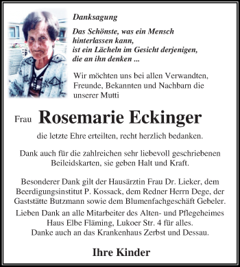 Traueranzeige von Rosemarie Eckinger von WVG - Wochenspiegel Dessau / Köthen