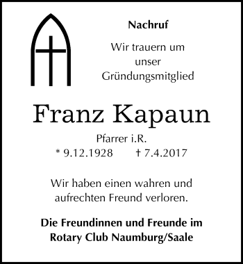 Traueranzeige von Franz Kapaun von Mitteldeutsche Zeitung Weißenfels