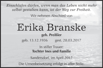 Traueranzeige von Erika Branske von WVG - Wochenspiegel Bitterfeld