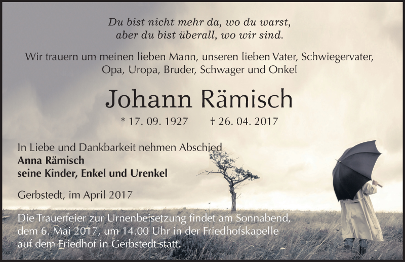  Traueranzeige für Johann Rämisch vom 29.04.2017 aus Mitteldeutsche Zeitung Mansfelder Land