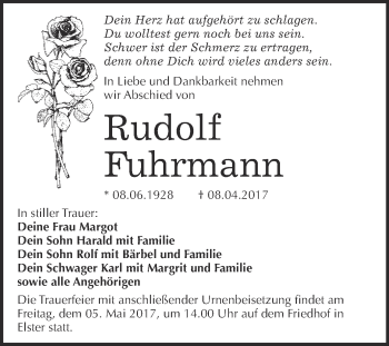 Traueranzeige von Rudolf Fuhrmann von WVG - Wochenspiegel Wittenberg
