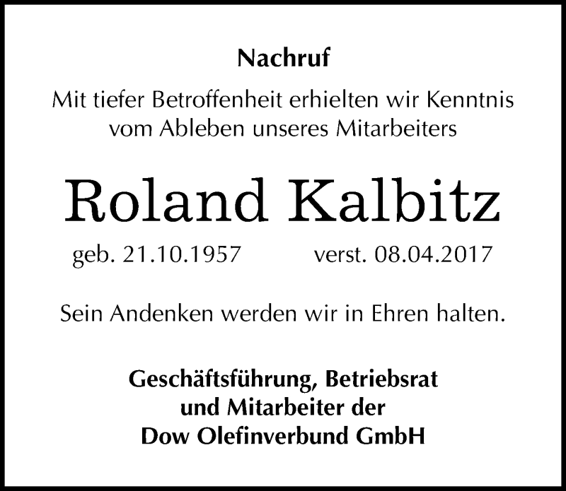  Traueranzeige für Roland Kalbitz vom 19.04.2017 aus Mitteldeutsche Zeitung Halle/Saalkreis