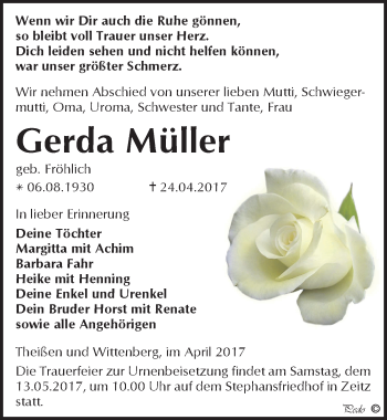 Traueranzeige von Gerda Müller von Mitteldeutsche Zeitung Zeitz