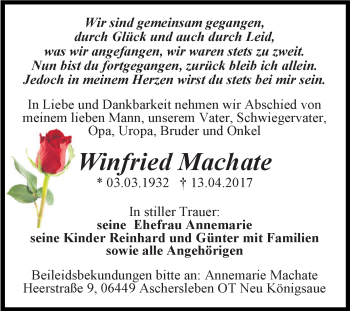 Traueranzeige von Winfried Machate von Super Sonntag Aschersleben