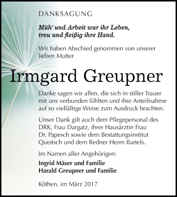Traueranzeige von Irmgard Greupner von WVG - Wochenspiegel Dessau / Köthen