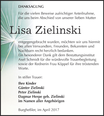 Traueranzeige von Lisa Zielinski von WVG - Wochenspiegel NMB / WSF / ZTZ