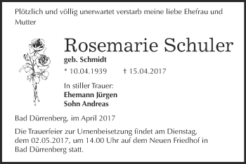 Traueranzeige von Rosemarie Schuler von Super Sonntag Merseburg
