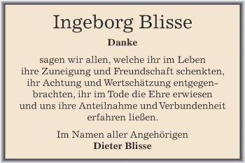 Traueranzeige von Ingeborg Blisse von Super Sonntag Aschersleben