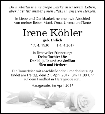 Traueranzeige von Irene Köhler von Mitteldeutsche Zeitung Quedlinburg