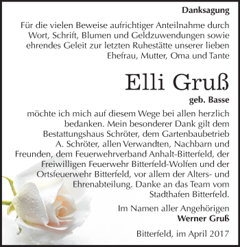 Traueranzeige von Elli Gruß von Mitteldeutsche Zeitung Bitterfeld