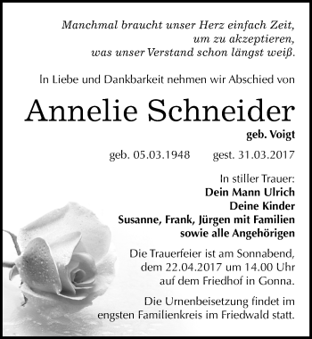 Traueranzeige von Annelie Schneider von Mitteldeutsche Zeitung Sangerhausen