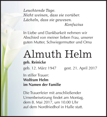 Traueranzeige von Almuth Helm von Mitteldeutsche Zeitung