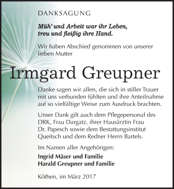 Traueranzeige von Irmgard Greupner von Mitteldeutsche Zeitung Köthen
