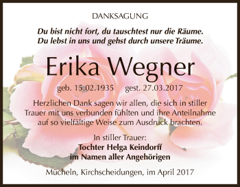 Traueranzeige von Erika Wegner von WVG - Wochenspiegel NMB / WSF / ZTZ