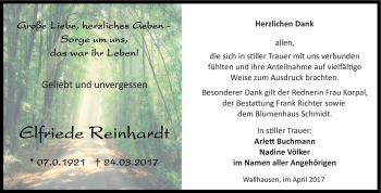 Traueranzeige von Elfriede Reinhardt von Super Sonntag SGH Mansf. Land