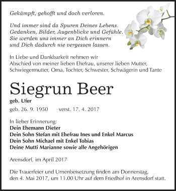 Traueranzeige von Siegrun Beer von Mitteldeutsche Zeitung Köthen