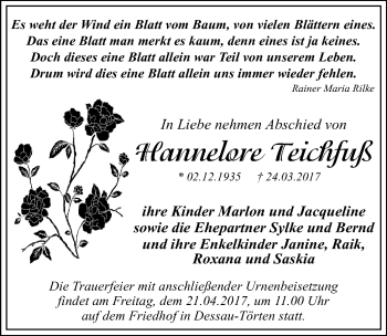 Traueranzeige von Hannelore Teichfuß von Mitteldeutsche Zeitung Dessau-Roßlau