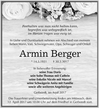 Traueranzeige von Armin Berger von Mitteldeutsche Zeitung Mansfelder Land