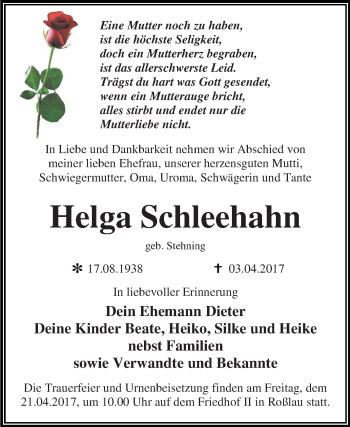 Traueranzeige von Helga Schleehahn von WVG - Wochenspiegel Dessau / Köthen