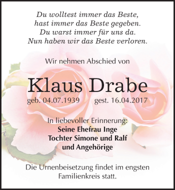 Traueranzeige von Klaus Drabe von Mitteldeutsche Zeitung Mansfelder Land