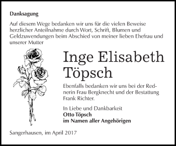 Traueranzeige von Inge Elisabeth Töpsch von Super Sonntag SGH Mansf. Land