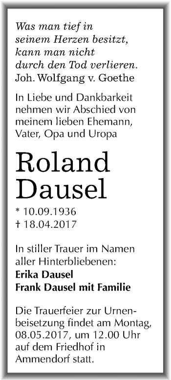 Traueranzeige von Roland Dausel von Mitteldeutsche Zeitung Halle/Saalkreis