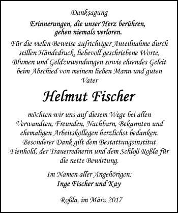 Traueranzeige von Helmut Fischer von Mitteldeutsche Zeitung Sangerhausen