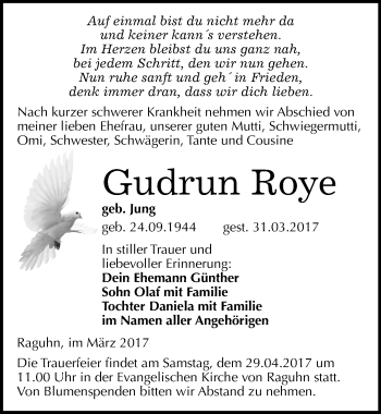 Traueranzeige von Gudrun Roye von Mitteldeutsche Zeitung Bitterfeld