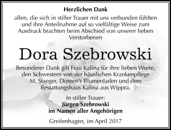 Traueranzeige von Dora Szebrowski von Mitteldeutsche Zeitung Mansfelder Land