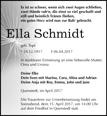 Traueranzeige von Ella Schmidt von Mitteldeutsche Zeitung Mansfelder Land