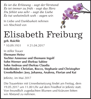 Traueranzeige von Elisabeth Freiburg von Mitteldeutsche Zeitung Bitterfeld