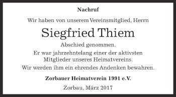 Traueranzeige von Siegfried Thiem von WVG - Wochenspiegel NMB / WSF / ZTZ