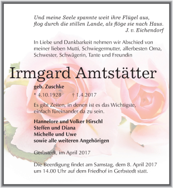 Traueranzeige von Irmgard Amtstätter von Mitteldeutsche Zeitung Mansfelder Land