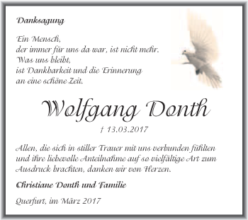 Traueranzeige von Wolfgang Donth von WVG - Wochenspiegel Merseburg
