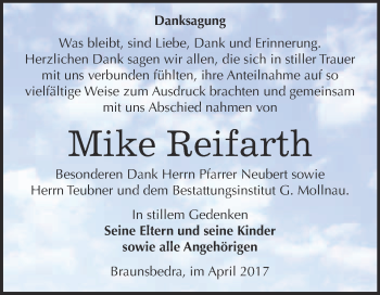 Traueranzeige von Mike Reifarth von WVG - Wochenspiegel Merseburg
