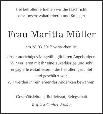 Traueranzeige von Maritta Müller von WVG - Wochenspiegel Bitterfeld