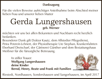 Traueranzeige von Gerda Lungershausen von Super Sonntag SGH Mansf. Land